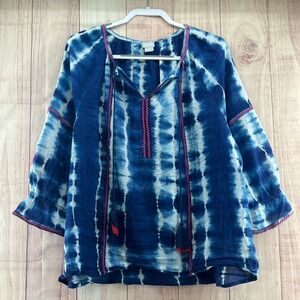 Chicos Tie Dye Tunic Top Blue Pink Embroidered Tassels Bell Sleeve Size 3 16-18